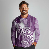 Tonga Kupesi Ngatu Long Sleeve Polo Shirt Vintage Purple Plumeria