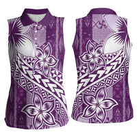 Tonga Kupesi Ngatu Women Sleeveless Polo Shirt Vintage Purple Plumeria