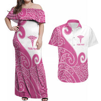 Personalised New Zealand Nurse Couples Matching Off Shoulder Maxi Dress and Hawaiian Shirt Maori Koru Pink Version