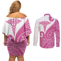 Personalised New Zealand Nurse Couples Matching Off Shoulder Short Dress and Long Sleeve Button Shirt Maori Koru Pink Version