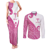 Personalised New Zealand Nurse Couples Matching Tank Maxi Dress and Long Sleeve Button Shirt Maori Koru Pink Version