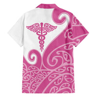 Personalised New Zealand Nurse Family Matching Off The Shoulder Long Sleeve Dress and Hawaiian Shirt Maori Koru Pink Version