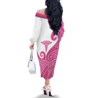 Personalised New Zealand Nurse Family Matching Off The Shoulder Long Sleeve Dress and Hawaiian Shirt Maori Koru Pink Version