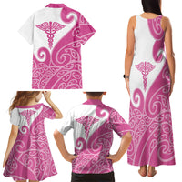 Personalised New Zealand Nurse Family Matching Tank Maxi Dress and Hawaiian Shirt Maori Koru Pink Version