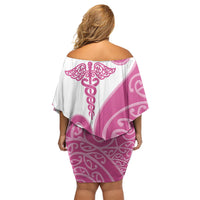 Personalised New Zealand Nurse Off Shoulder Short Dress Maori Koru Pink Version LT05 - Polynesian Pride