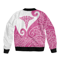 Personalised New Zealand Nurse Sleeve Zip Bomber Jacket Maori Koru Pink Version LT05 - Polynesian Pride