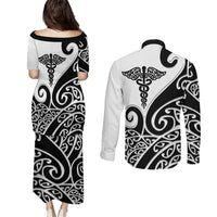Personalised New Zealand Nurse Couples Matching Puletasi and Long Sleeve Button Shirt Maori Koru Black Version LT05 - Polynesian Pride