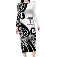 Personalised New Zealand Nurse Family Matching Long Sleeve Bodycon Dress and Hawaiian Shirt Maori Koru Black Version
