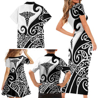Personalised New Zealand Nurse Family Matching Short Sleeve Bodycon Dress and Hawaiian Shirt Maori Koru Black Version