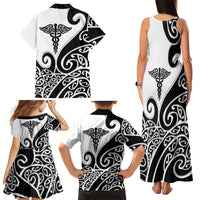 Personalised New Zealand Nurse Family Matching Tank Maxi Dress and Hawaiian Shirt Maori Koru Black Version