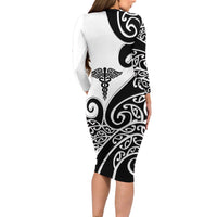 Personalised New Zealand Nurse Long Sleeve Bodycon Dress Maori Koru Black Version LT05 - Polynesian Pride