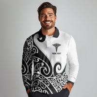Personalised New Zealand Nurse Long Sleeve Polo Shirt Maori Koru Black Version LT05 - Polynesian Pride