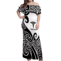 Personalised New Zealand Nurse Off Shoulder Maxi Dress Maori Koru Black Version LT05 Women Black - Polynesian Pride