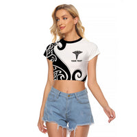 Personalised New Zealand Nurse Raglan Cropped T Shirt Maori Koru Black Version LT05 Female Black - Polynesian Pride