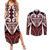 Custom Aotearoa Ngapuhi Couples Matching Summer Maxi Dress and Long Sleeve Button Shirt Maori Tribal Pattern LT05 Red - Polynesian Pride