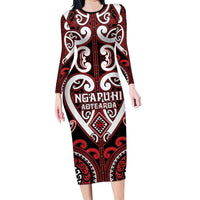 Custom Aotearoa Ngapuhi Long Sleeve Bodycon Dress Maori Tribal Pattern LT05 Long Dress Red - Polynesian Pride