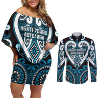 Custom Aotearoa Ngati Porou Couples Matching Off Shoulder Short Dress and Long Sleeve Button Shirt Maori Tribal Pattern LT05 Blue - Polynesian Pride