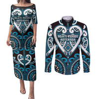 Custom Aotearoa Ngati Porou Couples Matching Puletasi and Long Sleeve Button Shirt Maori Tribal Pattern LT05 Blue - Polynesian Pride