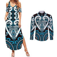 Custom Aotearoa Ngati Porou Couples Matching Summer Maxi Dress and Long Sleeve Button Shirt Maori Tribal Pattern LT05 Blue - Polynesian Pride