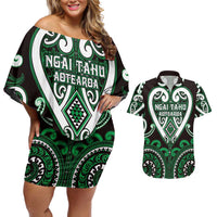 Custom Aotearoa Ngai Tahu Couples Matching Off Shoulder Short Dress and Hawaiian Shirt Maori Tribal Pattern LT05 Green - Polynesian Pride