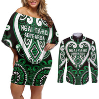 Custom Aotearoa Ngai Tahu Couples Matching Off Shoulder Short Dress and Long Sleeve Button Shirt Maori Tribal Pattern LT05 Green - Polynesian Pride