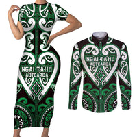 Custom Aotearoa Ngai Tahu Couples Matching Short Sleeve Bodycon Dress and Long Sleeve Button Shirt Maori Tribal Pattern LT05 Green - Polynesian Pride