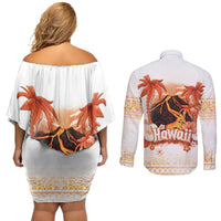 Hawaiian Volcano Lava Flow Couples Matching Off Shoulder Short Dress and Long Sleeve Button Shirt With Hawaiian Tapa Pattern LT05 - Polynesian Pride