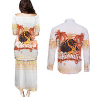 Hawaiian Volcano Lava Flow Couples Matching Puletasi and Long Sleeve Button Shirt With Hawaiian Tapa Pattern LT05 - Polynesian Pride