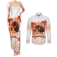 Hawaiian Volcano Lava Flow Couples Matching Tank Maxi Dress and Long Sleeve Button Shirt With Hawaiian Tapa Pattern LT05 Orange - Polynesian Pride