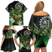Aotearoa New Zealand Tuatara Family Matching Off Shoulder Short Dress and Hawaiian Shirt Maori Koru Art