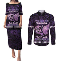 Personalised Alzheimer's Awareness Couples Matching Puletasi and Long Sleeve Button Shirt You May Not Remember But I Will Never Forget LT05 Purple - Polynesian Pride