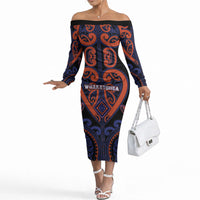 Custom Aotearoa Whakatohea Off The Shoulder Long Sleeve Dress Maori Tribal Pattern LT05 Women Navy - Polynesian Pride