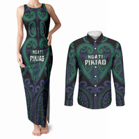 Custom Aotearoa Ngati Pikiao Couples Matching Tank Maxi Dress and Long Sleeve Button Shirt Maori Tribal Pattern LT05 Green - Polynesian Pride