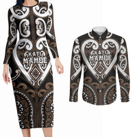 Custom Aotearoa Kati Mamoe Couples Matching Long Sleeve Bodycon Dress and Long Sleeve Button Shirt Maori Tribal Pattern LT05 Brown - Polynesian Pride