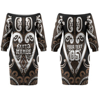 Custom Aotearoa Kati Mamoe Family Matching Off The Shoulder Long Sleeve Dress and Hawaiian Shirt Maori Tribal Pattern LT05 Mom's Dress Brown - Polynesian Pride