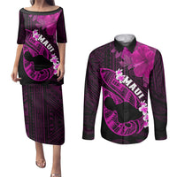 Personalized Hawaii Maui Couples Matching Puletasi Dress and Long Sleeve Button Shirts Polynesian Fish Hook Hibiscus Pink Version LT05 Pink - Polynesian Pride