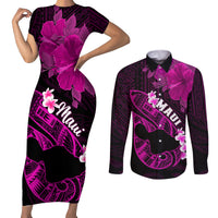 Personalized Hawaii Maui Couples Matching Short Sleeve Bodycon Dress and Long Sleeve Button Shirts Polynesian Fish Hook Hibiscus Pink Version LT05 Pink - Polynesian Pride