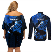 Hawaii Maui Couples Matching Off Shoulder Short Dress and Long Sleeve Button Shirts Polynesian Fish Hook Hibiscus Blue Version LT05 - Polynesian Pride