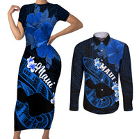 Hawaii Maui Couples Matching Short Sleeve Bodycon Dress and Long Sleeve Button Shirts Polynesian Fish Hook Hibiscus Blue Version LT05 Blue - Polynesian Pride