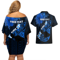 Personalized Hawaii Maui Couples Matching Off Shoulder Short Dress and Hawaiian Shirt Polynesian Fish Hook Hibiscus Blue Version LT05 - Polynesian Pride