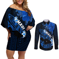 Personalized Hawaii Maui Couples Matching Off Shoulder Short Dress and Long Sleeve Button Shirts Polynesian Fish Hook Hibiscus Blue Version LT05 Blue - Polynesian Pride