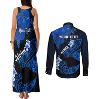Personalized Hawaii Maui Couples Matching Tank Maxi Dress and Long Sleeve Button Shirts Polynesian Fish Hook Hibiscus Blue Version LT05 - Polynesian Pride