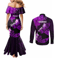 Hawaii Maui Couples Matching Mermaid Dress and Long Sleeve Button Shirts Polynesian Fish Hook Hibiscus Purple Version LT05 - Polynesian Pride
