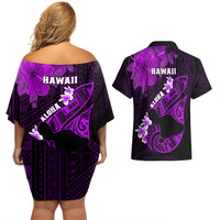 Hawaii Maui Couples Matching Off Shoulder Short Dress and Hawaiian Shirt Polynesian Fish Hook Hibiscus Purple Version LT05 - Polynesian Pride