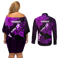 Hawaii Maui Couples Matching Off Shoulder Short Dress and Long Sleeve Button Shirts Polynesian Fish Hook Hibiscus Purple Version LT05 - Polynesian Pride