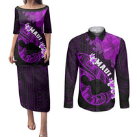Hawaii Maui Couples Matching Puletasi Dress and Long Sleeve Button Shirts Polynesian Fish Hook Hibiscus Purple Version LT05 Purple - Polynesian Pride