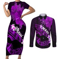 Hawaii Maui Couples Matching Short Sleeve Bodycon Dress and Long Sleeve Button Shirts Polynesian Fish Hook Hibiscus Purple Version LT05 Purple - Polynesian Pride