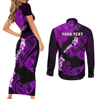 Personalized Hawaii Maui Couples Matching Short Sleeve Bodycon Dress and Long Sleeve Button Shirts Polynesian Fish Hook Hibiscus Purple Version LT05 - Polynesian Pride