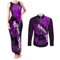 Personalized Hawaii Maui Couples Matching Tank Maxi Dress and Long Sleeve Button Shirts Polynesian Fish Hook Hibiscus Purple Version LT05 Purple - Polynesian Pride