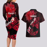 Hawaii Maui Couples Matching Long Sleeve Bodycon Dress and Hawaiian Shirt Polynesian Fish Hook Hibiscus Red Version LT05 - Polynesian Pride